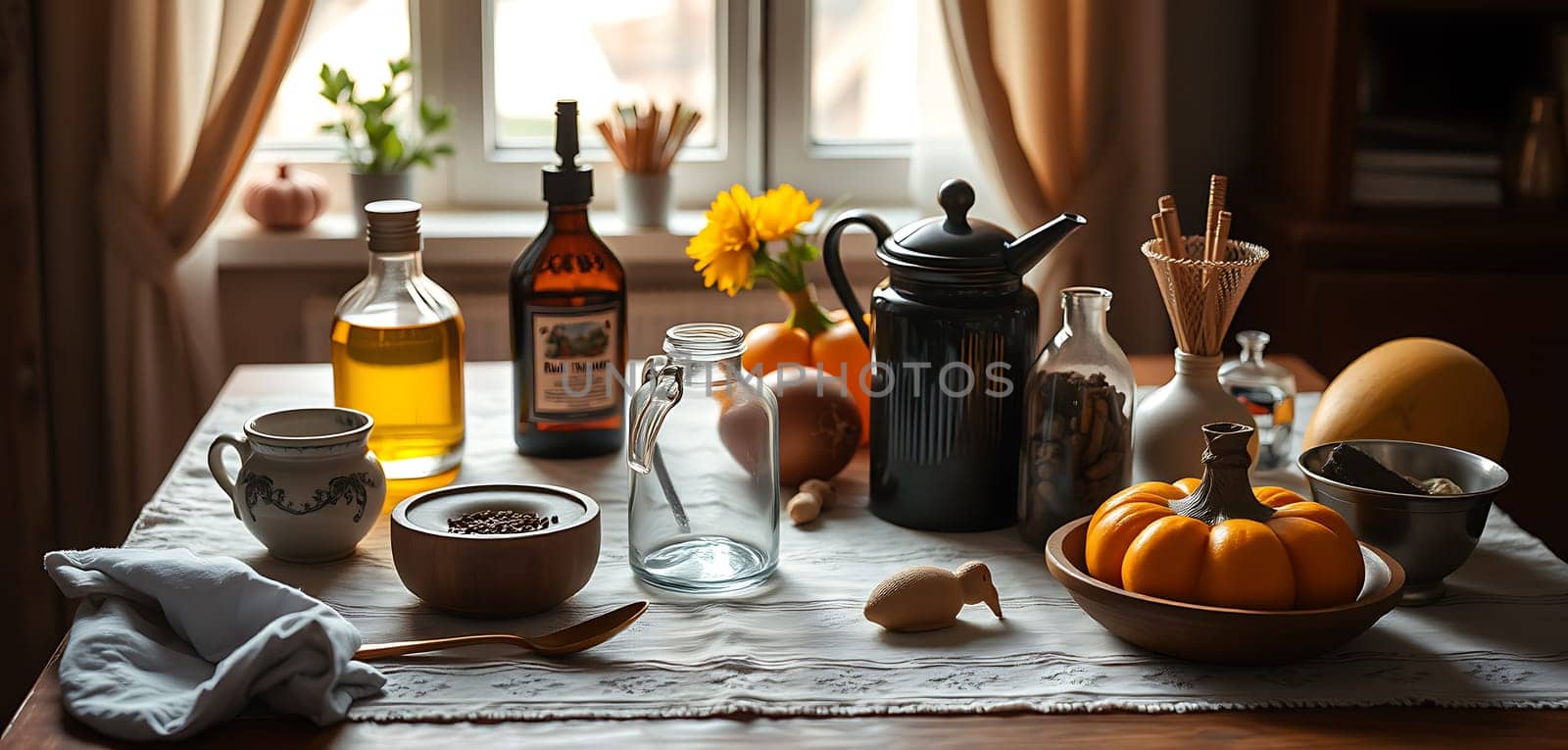 The kitchen table features an array of autumn produce, including pumpkins and herbs, alongside cooking essentials like oil, spices, and a vintage teapot, all illuminated by soft sunlight.