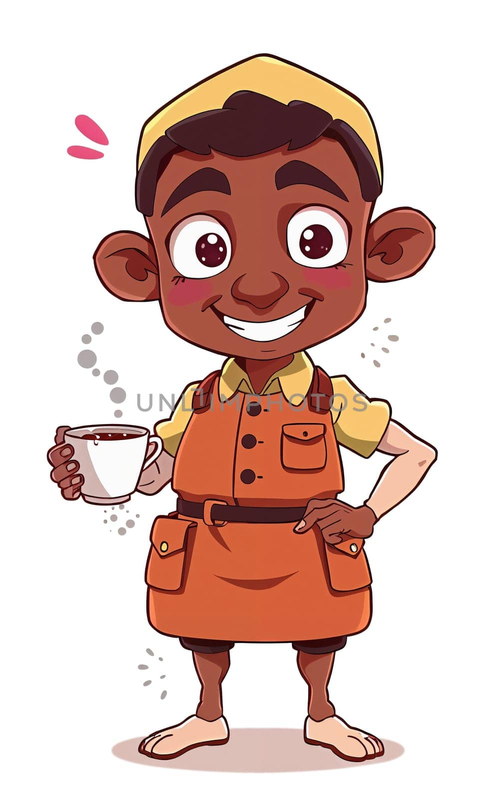 The image depicts a cheerful cartoon character with a warm smile, wearing an orange apron and a yellow hat. The character is holding a white mug filled with a steaming beverage, suggesting they are enjoying a hot drink. The character's hands are casually placed on their hips, and the background is a stark white, which contrasts with the character's vibrant attire and the steaming mug. (transparent, isolated)