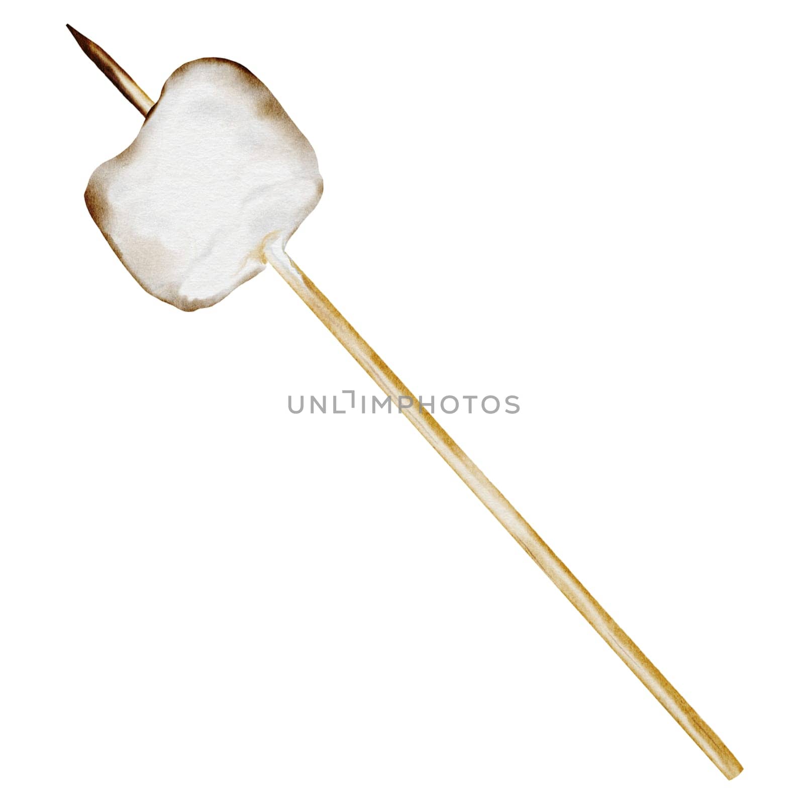 Marshmallow on a wooden stick watercolor. Hand drawn sweet caffeta on a skewer on an isolated white background. Clip art in camp and barbecue style. Ideal for marshmallow packaging. High quality photo