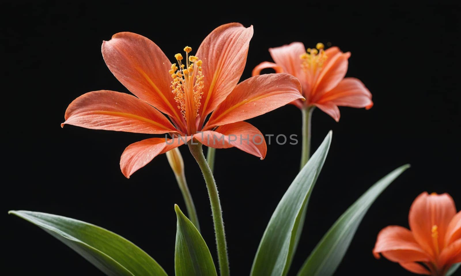 Three vibrant orange lilies are shown in close-up with their stems and leaves. The background is a solid black.