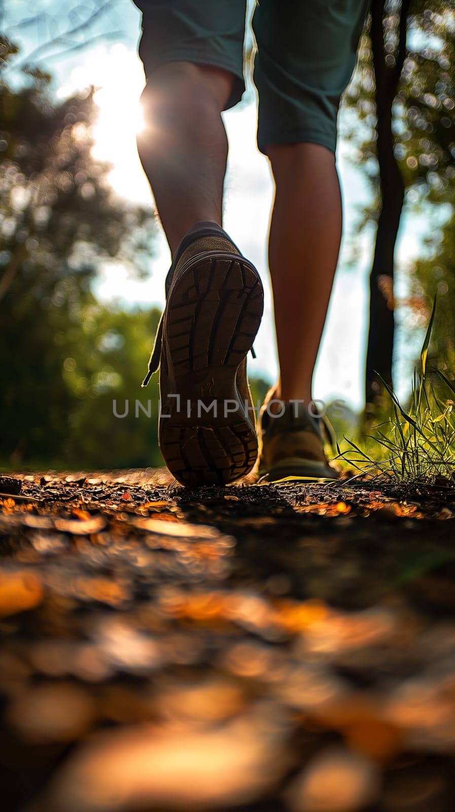 Hiking on a trail, enjoying outdoor adventure in nature with footsteps and walking exercise under sunlight