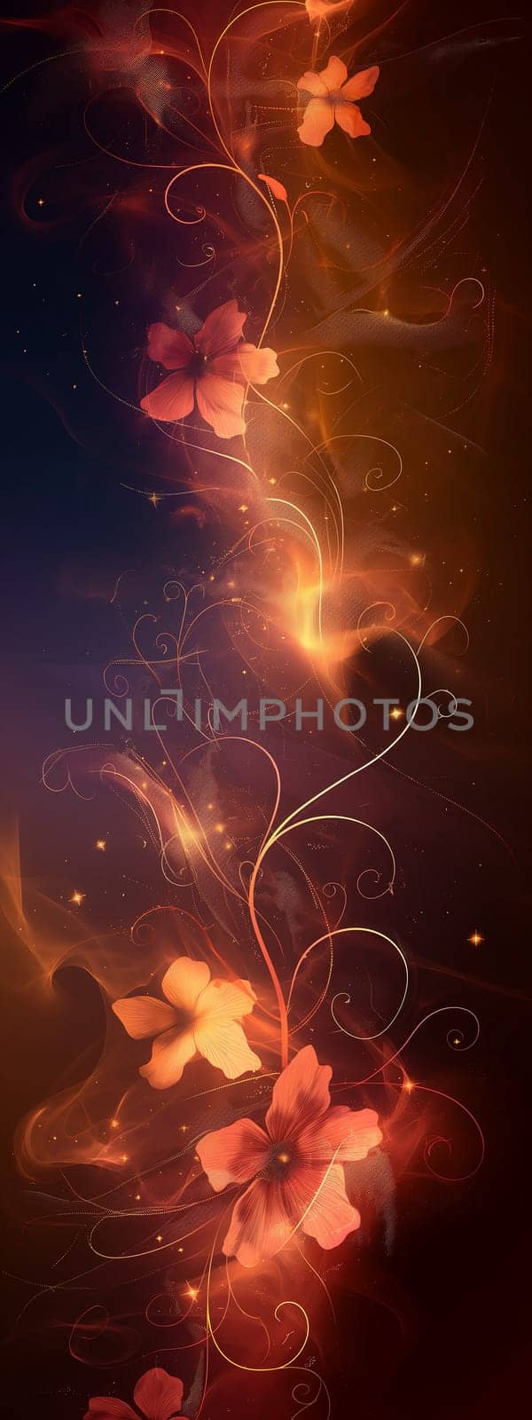 Digital art with abstract floral pattern in vibrant orange and red swirls glowing beautifully