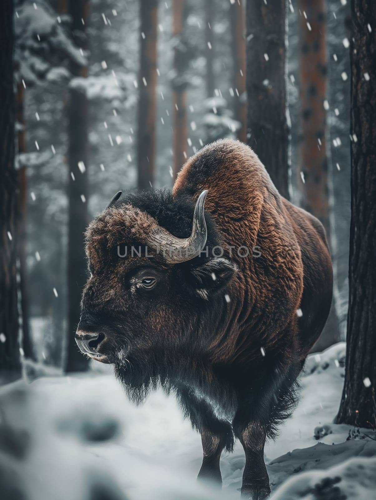 Majestic bison with horns standing in snowy winter forest surrounded by trees and wildlife