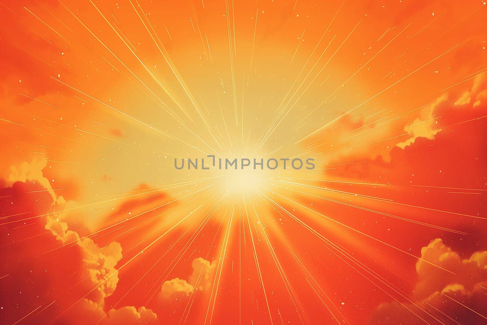 Sunburst and radiant sunbeam with bright light in the orange sky creating a warm glow
