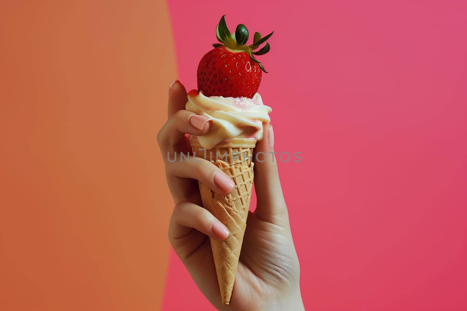 Delicious strawberry icecream cone held in hand with pink and red background, a sweet summer treat