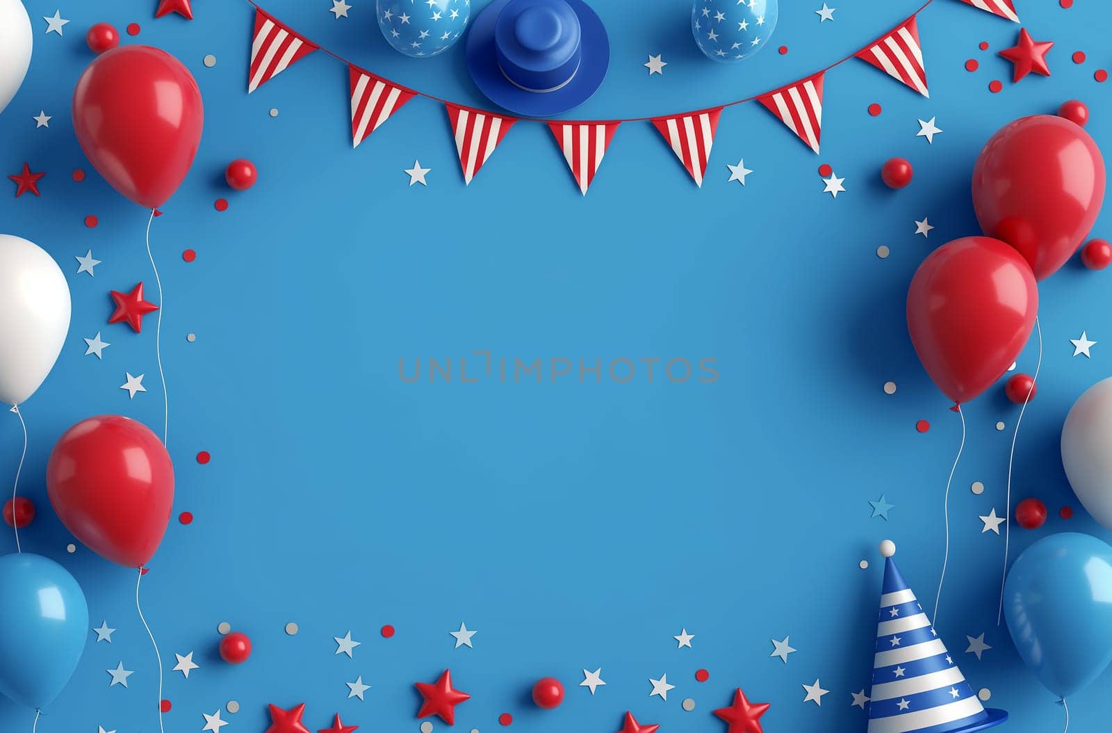 Festive patriotic celebration with red, blue, and white balloons, stars, and decorations for a party