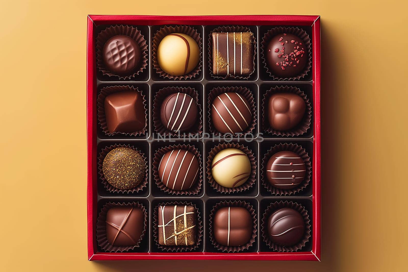 Delicious gourmet assorted chocolates in an elegant box of bonbons, tasty and beautifully decorated.