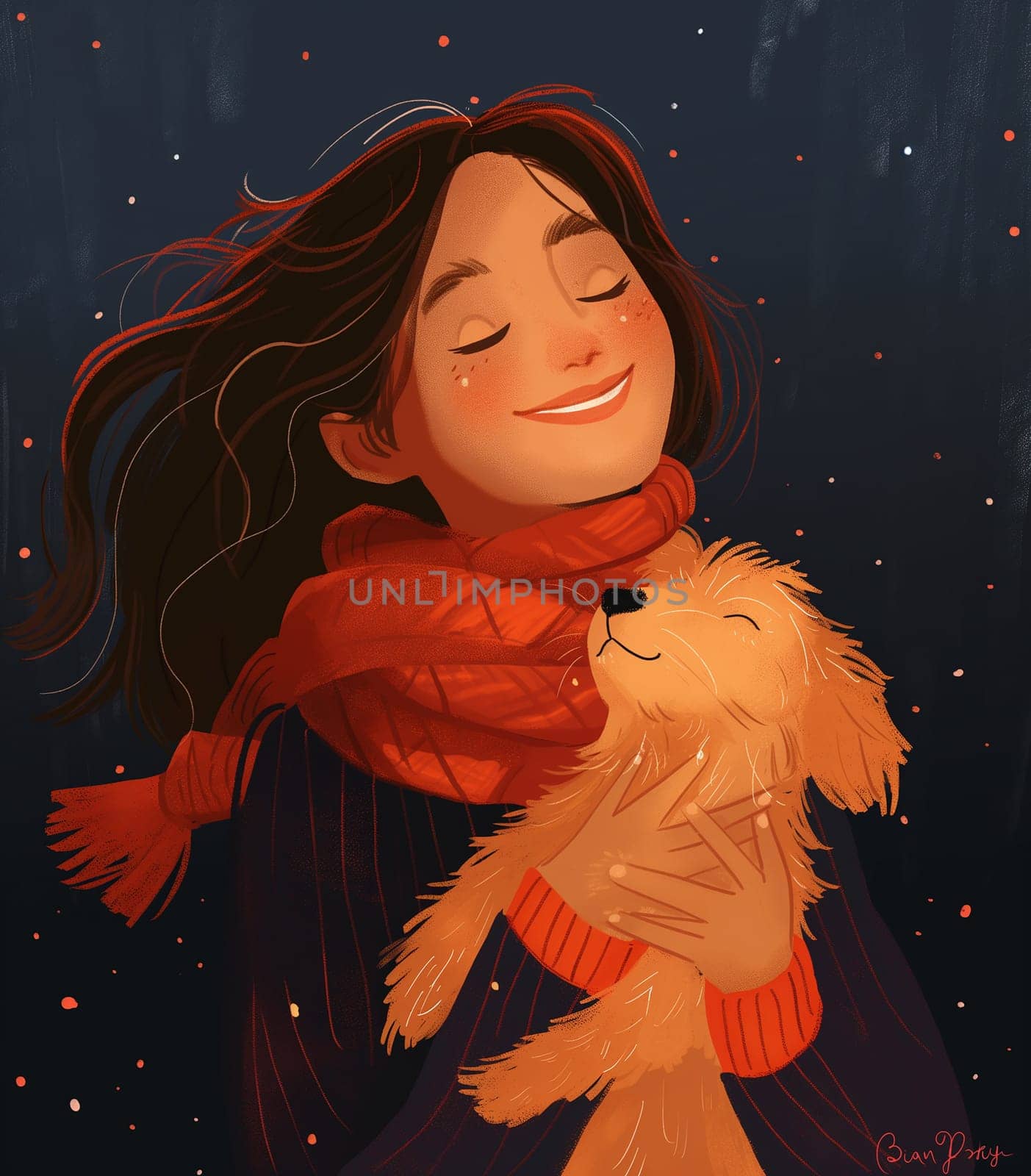 Girl hugging a dog with a red scarf at night during winter, conveying warmth, joy, and smiles