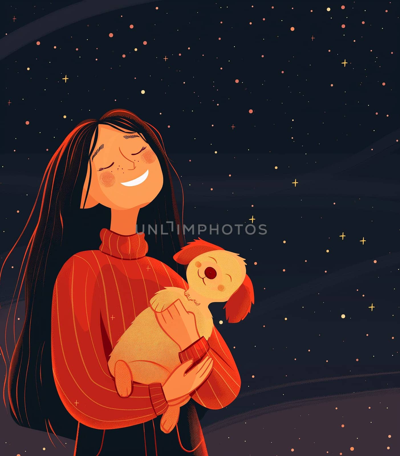 Girl with long hair in a red sweater holding a cute dog at night under the starry sky