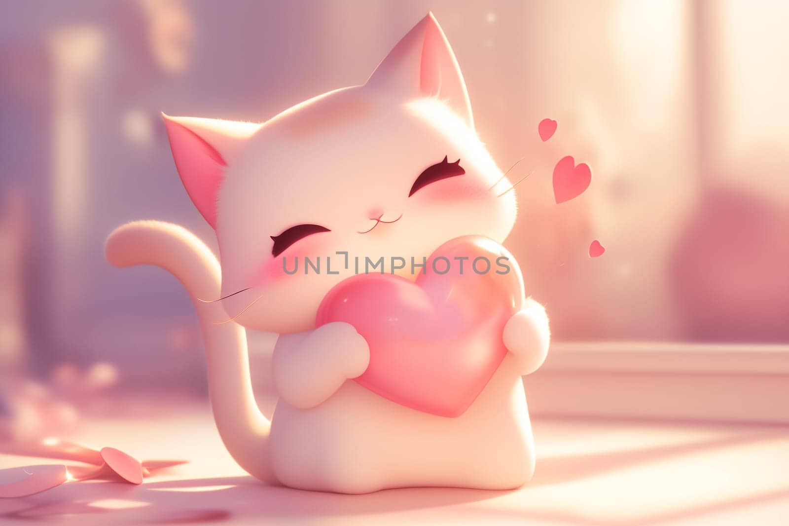 Cute kitten holding heart with cartoon pink background; adorable and smiling chibi for valentine's day
