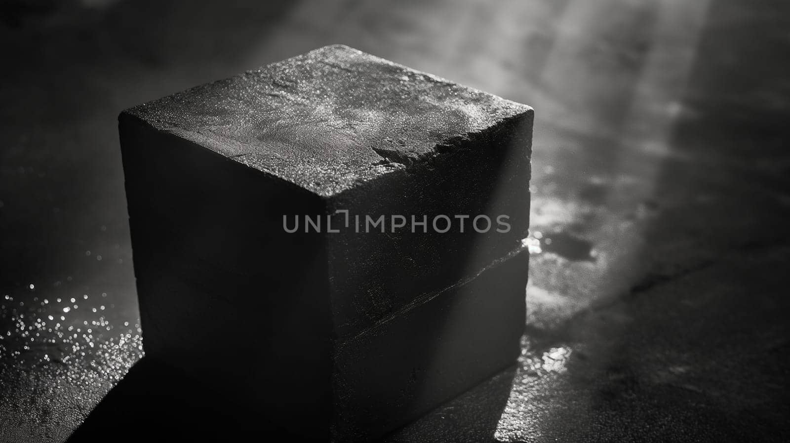 Abstract monochromatic concrete cube in darkness with shadow and solid minimalism perspective