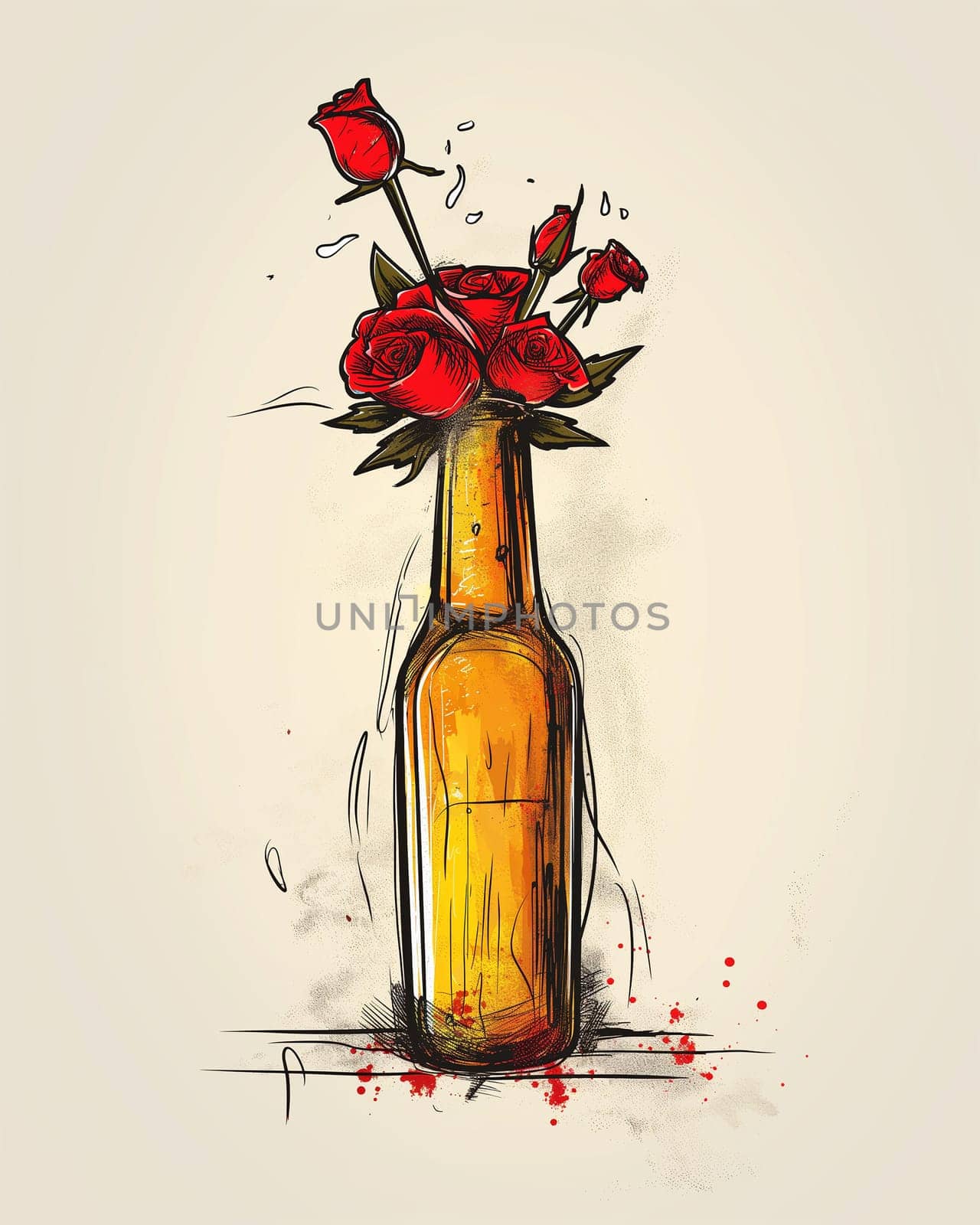 Illustration of red roses in a bottle with decorative design and petals showcasing creative art