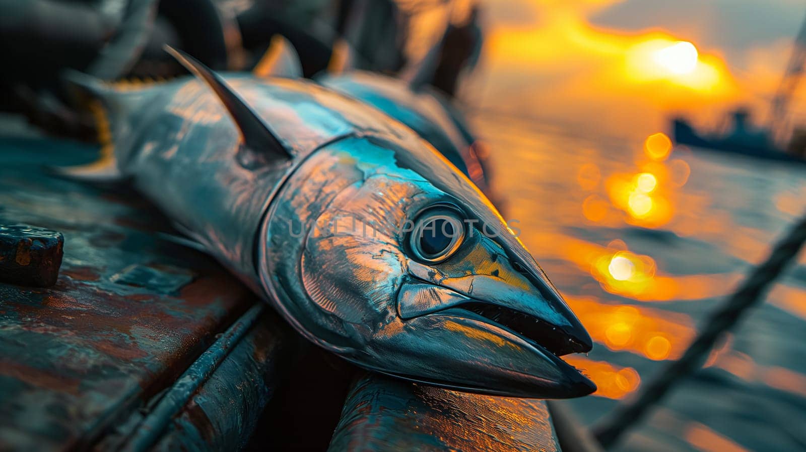 Tuna fish caught at sunset on a fishing boat with fresh catch, marine life glistening in the ocean