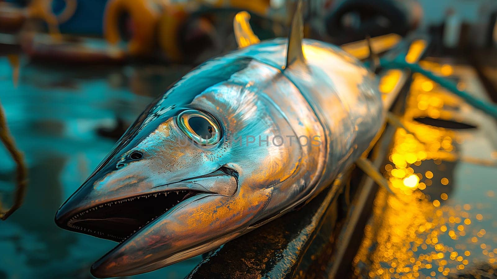 Freshly caught tuna fish with sharp teeth and glossy silver scales reflecting sunset glow on a boat deck