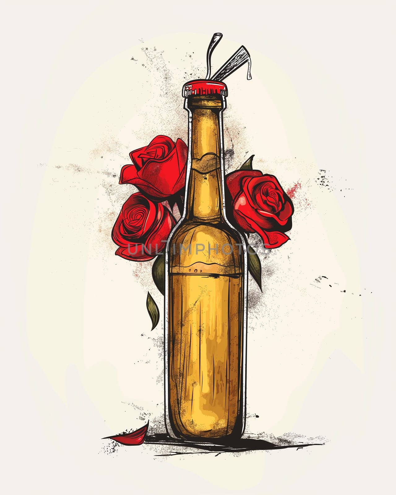 Vintage beer bottle with red roses and straw, hand-drawn illustration of drink and flowers