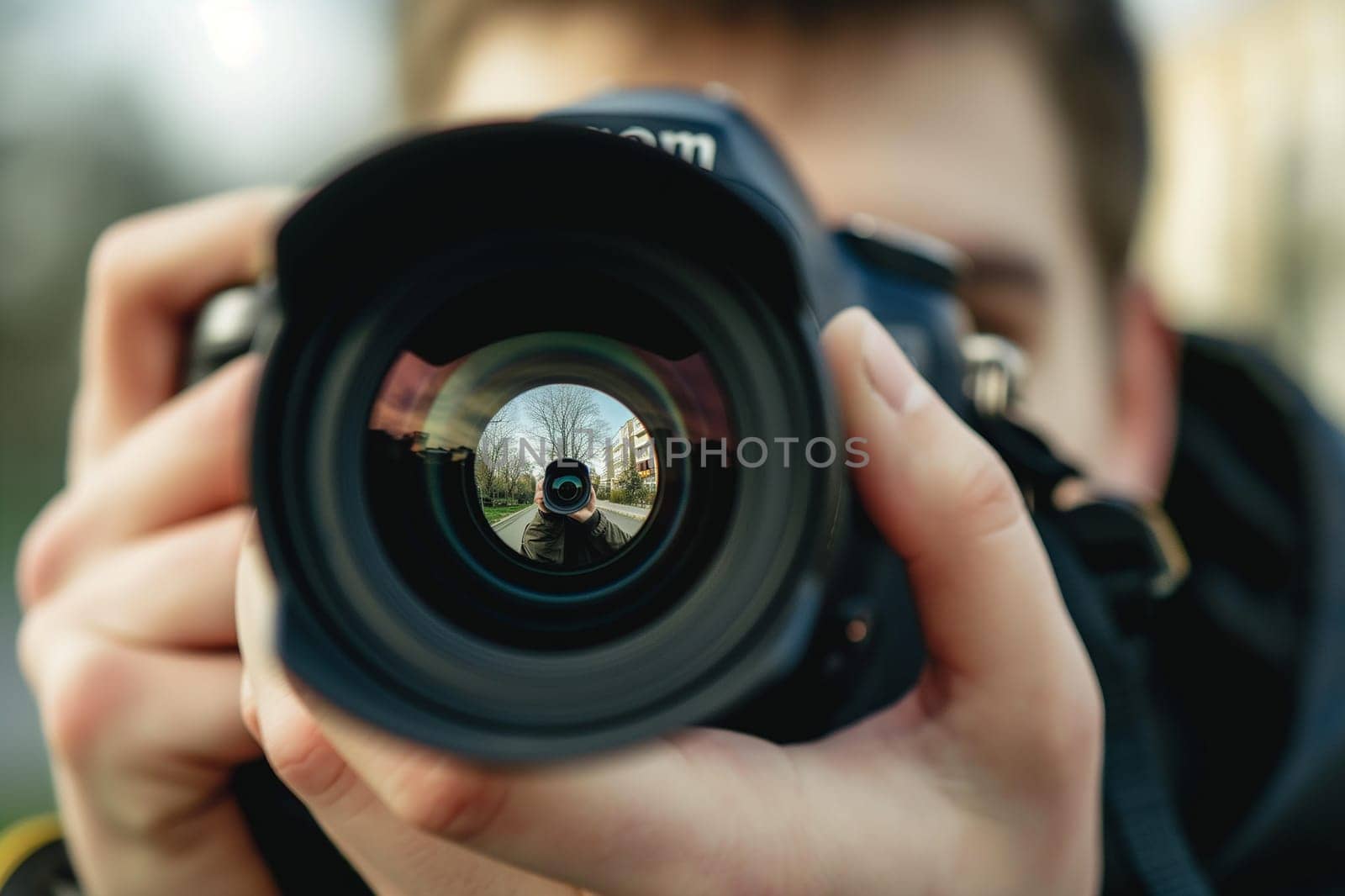 Photographer holding camera with lens showing reflection and focus on portrait in viewfinder