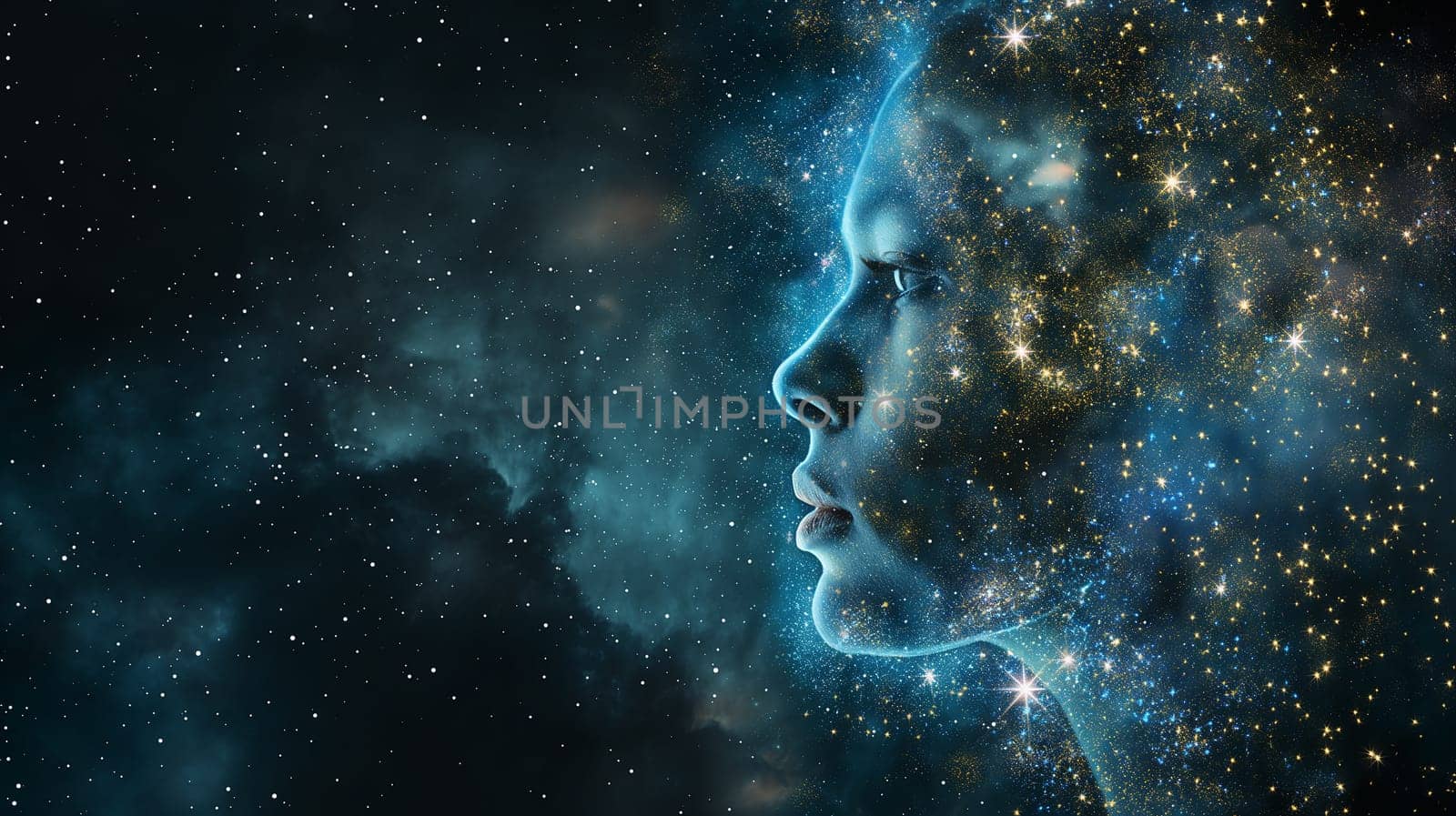 A cosmic portrait of a woman's face intertwined with stars, nebulae, and the vast universe