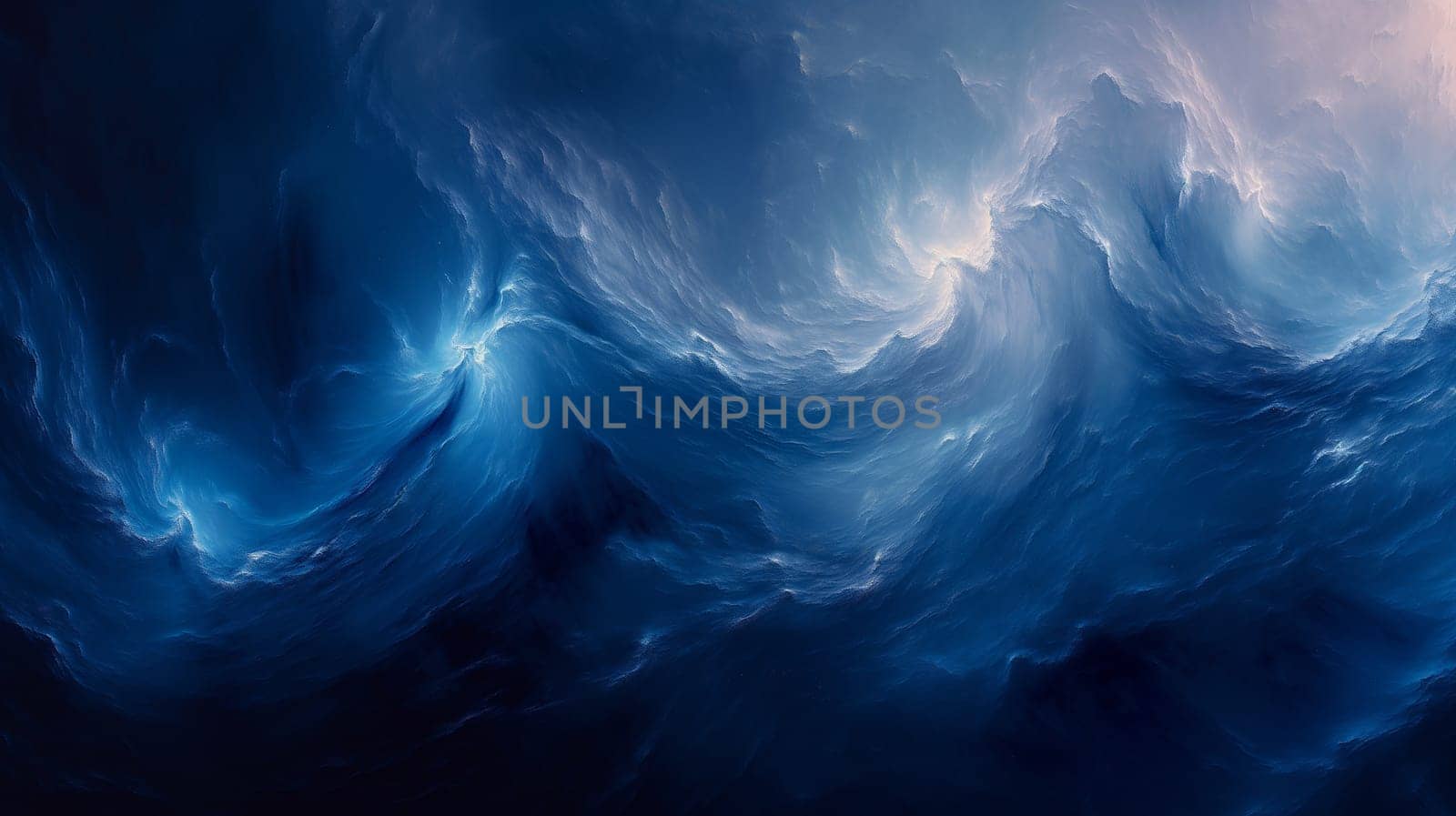 Dramatic swirling blue ocean storm with dark waves and turbulent sea under cloudy sky