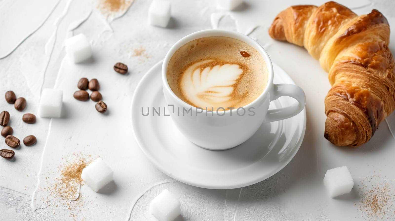 Delicious cappuccino and croissant on a breakfast table with coffee beans and sugar