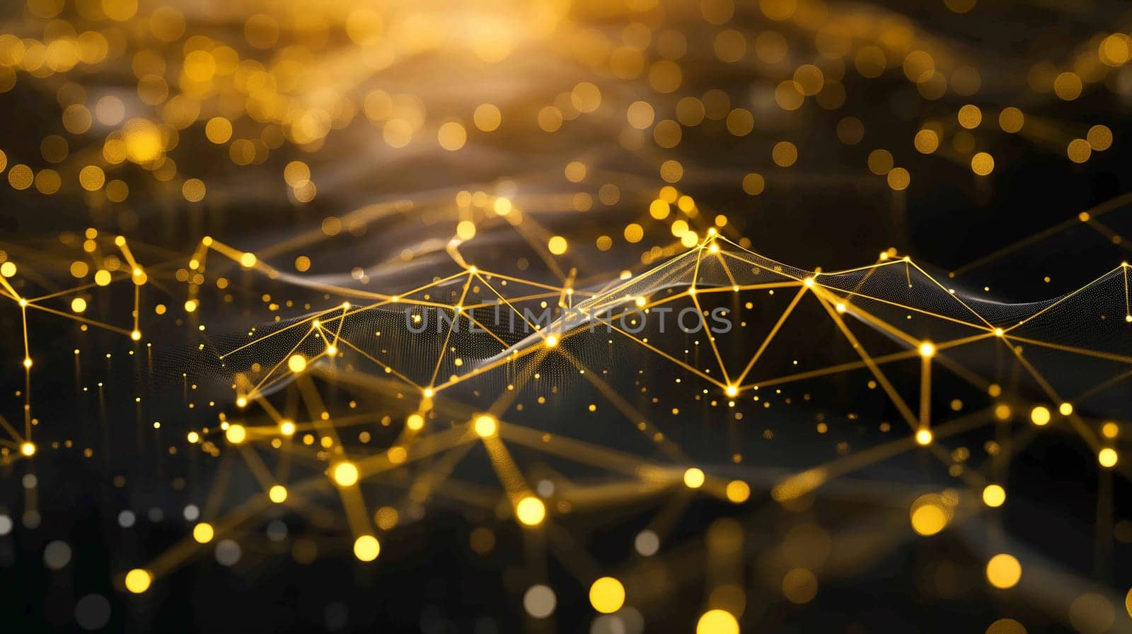 Abstract digital network with golden polygon connection nodes and glowing pattern of lights