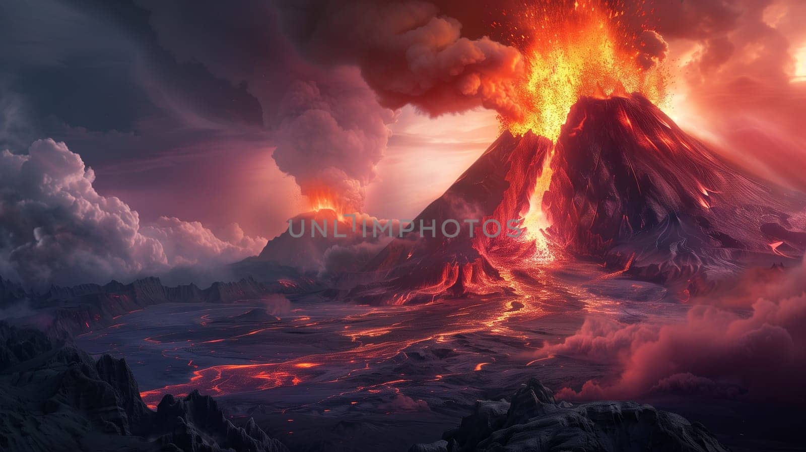 A dramatic volcanic eruption with lava, ash, and smoke creating a fiery landscape