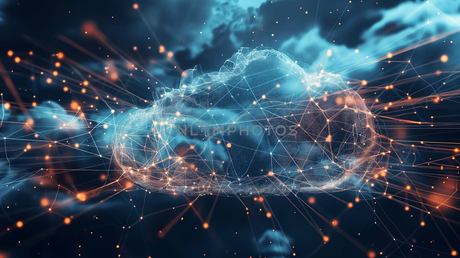 Digital abstract cloud network with data, technology, and computing in a wireframe design