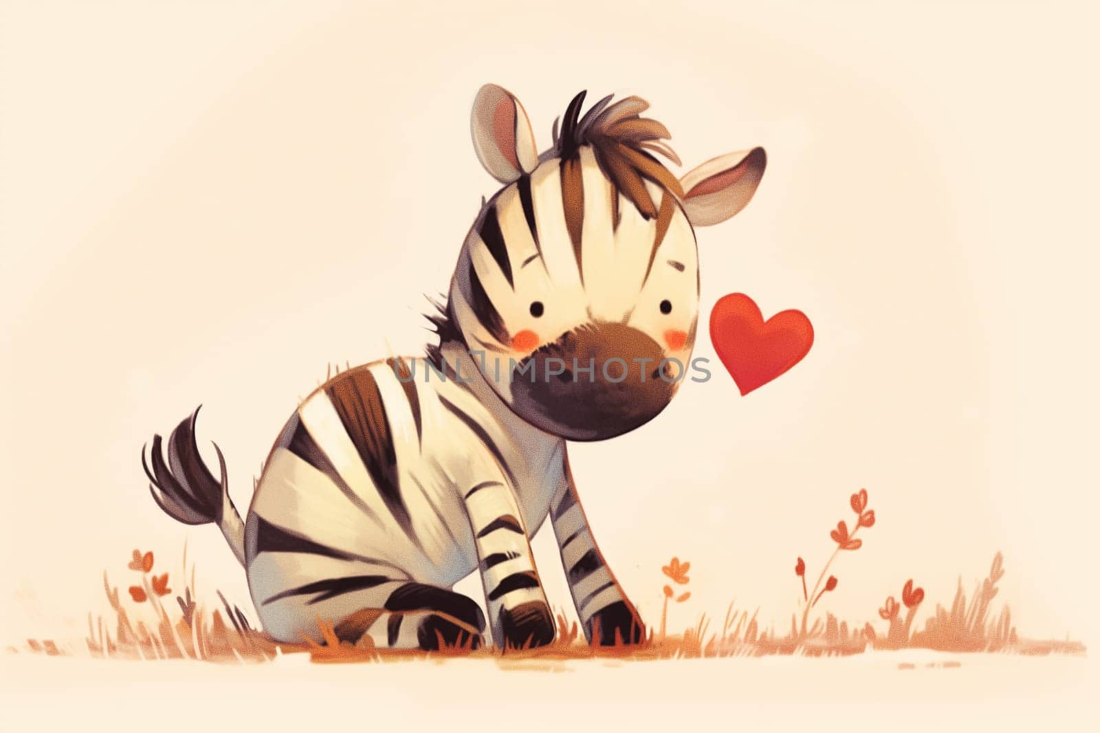 Cute baby zebra cartoon illustration with a heart, love, and adorable animal sitting in grass