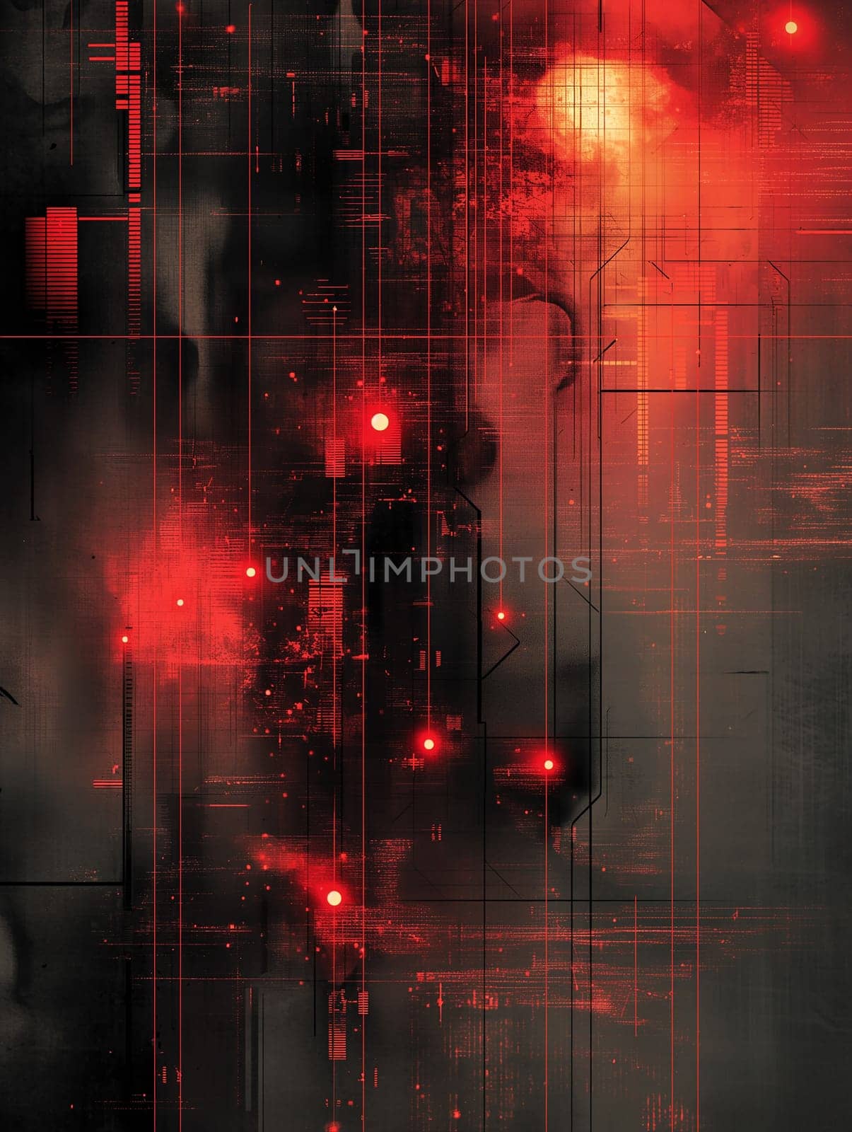 Futuristic cyberpunk abstract technology with red neon glow in a dark digital matrix