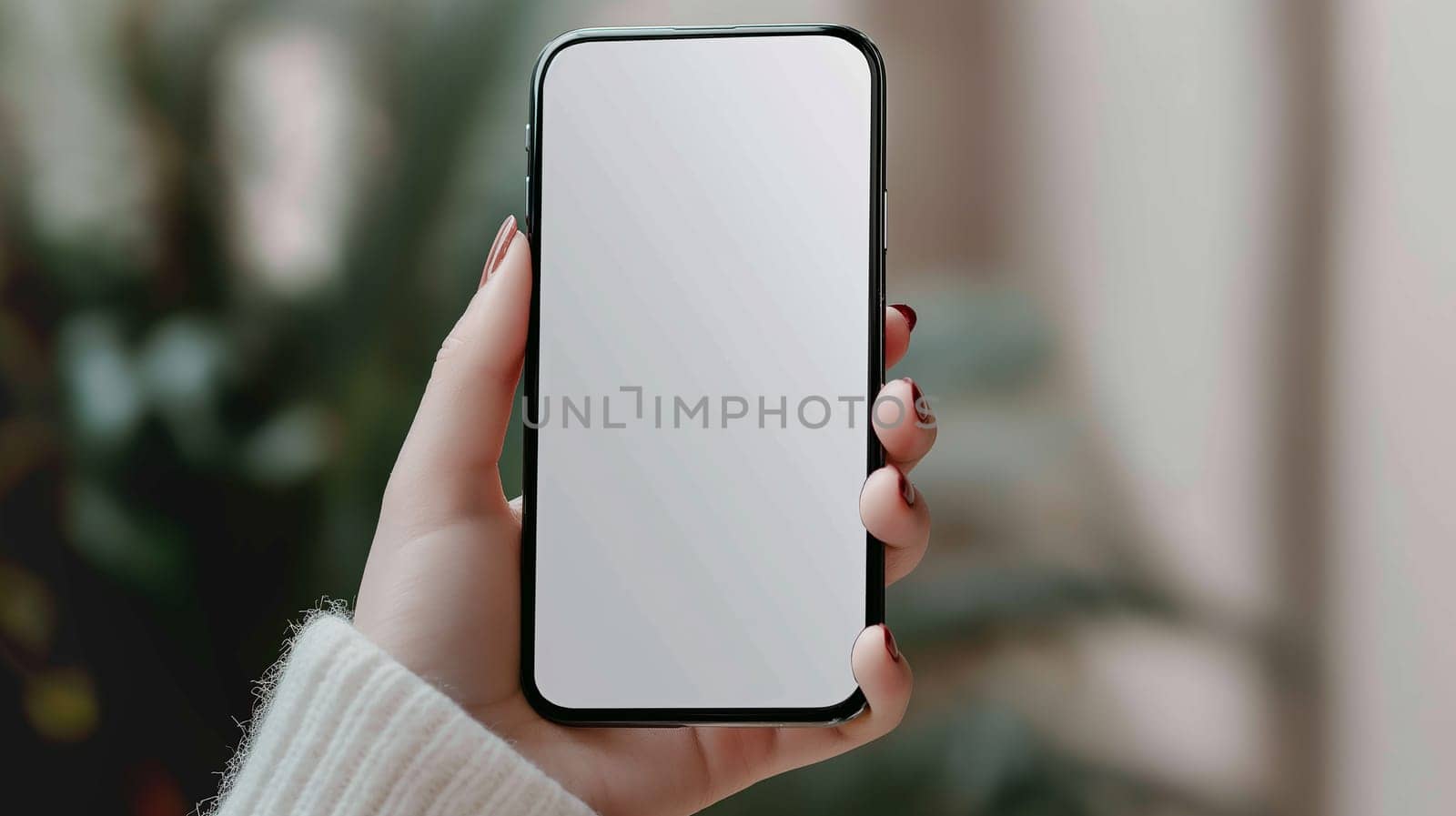 Hand holding blank screen smartphone phone with modern mobile device for technology and communication