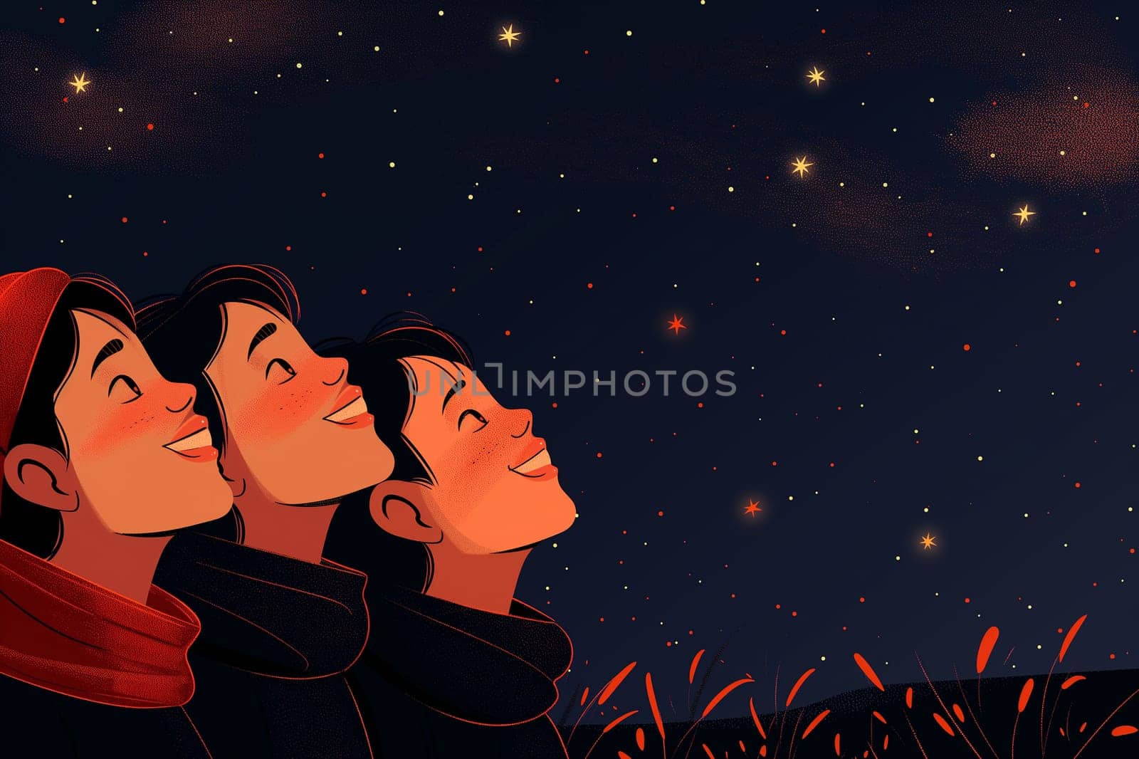 Children gazing at twinkling stars in the dark night sky with happy smiles and red scarves