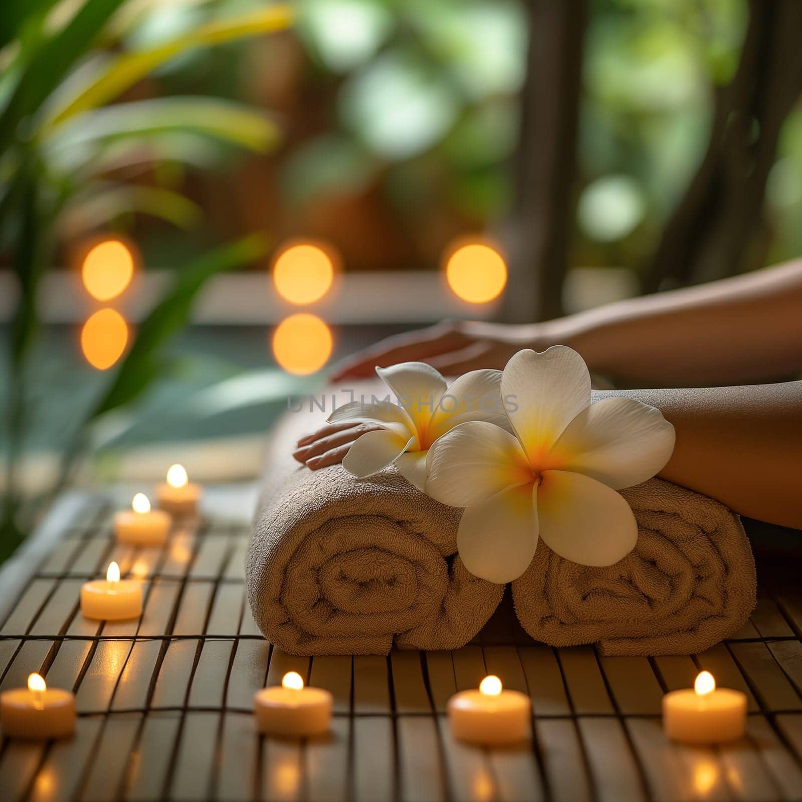 Spa relaxation massage with candles, flowers, wellness, luxury, and hands wrapped in tranquility on towels