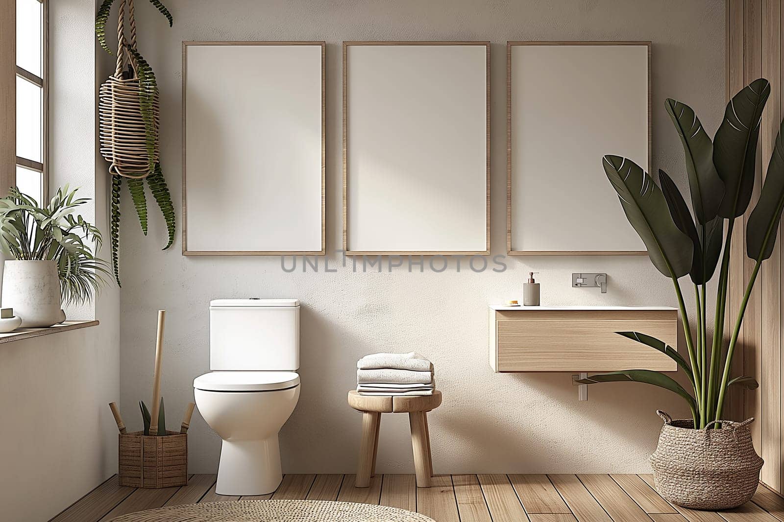 Modern minimalist bathroom interior design with plants, toilet, wood decor, and art frames