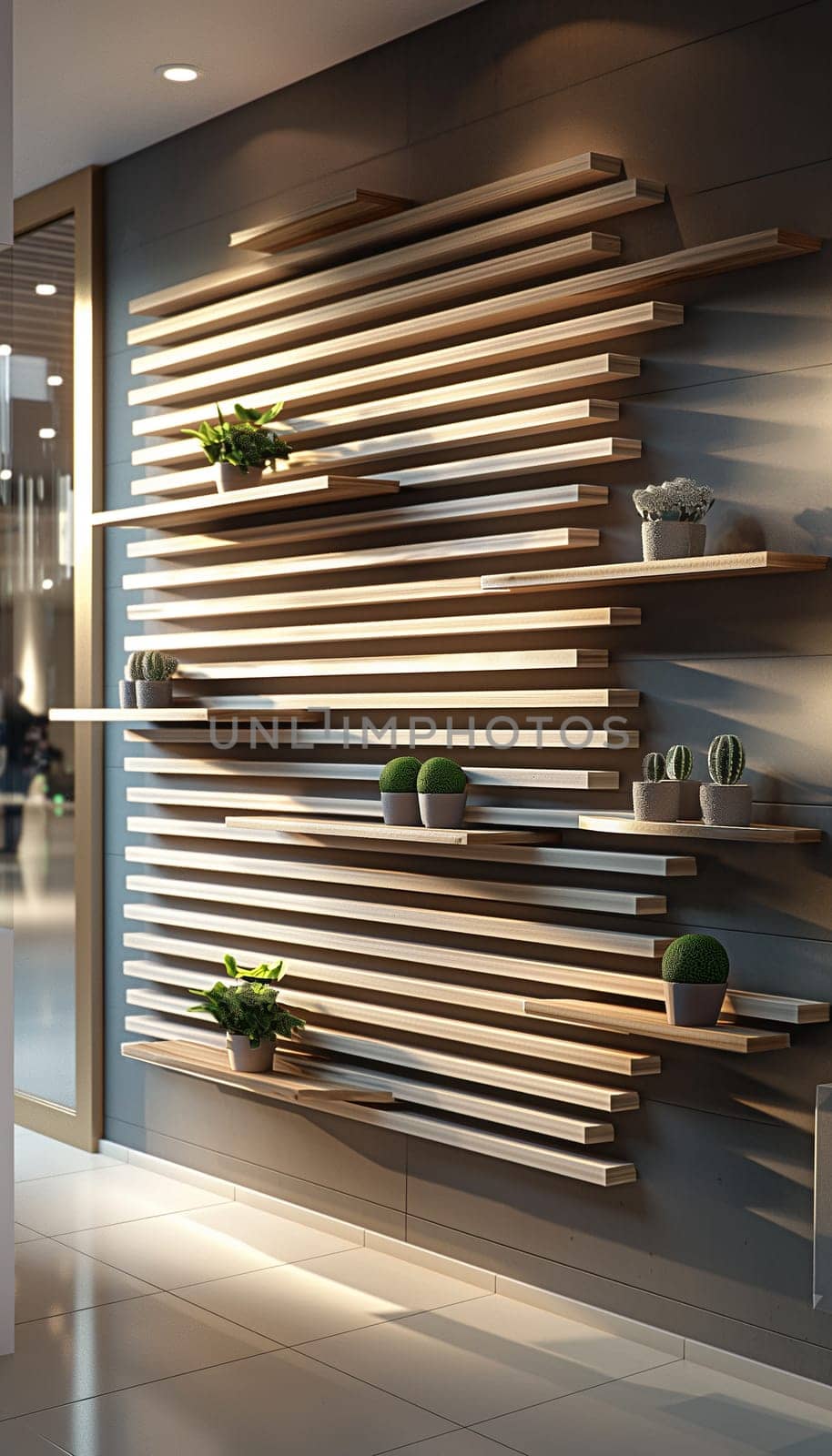 Modern wooden shelves with plants in a beautiful interior design and geometric minimalist decor