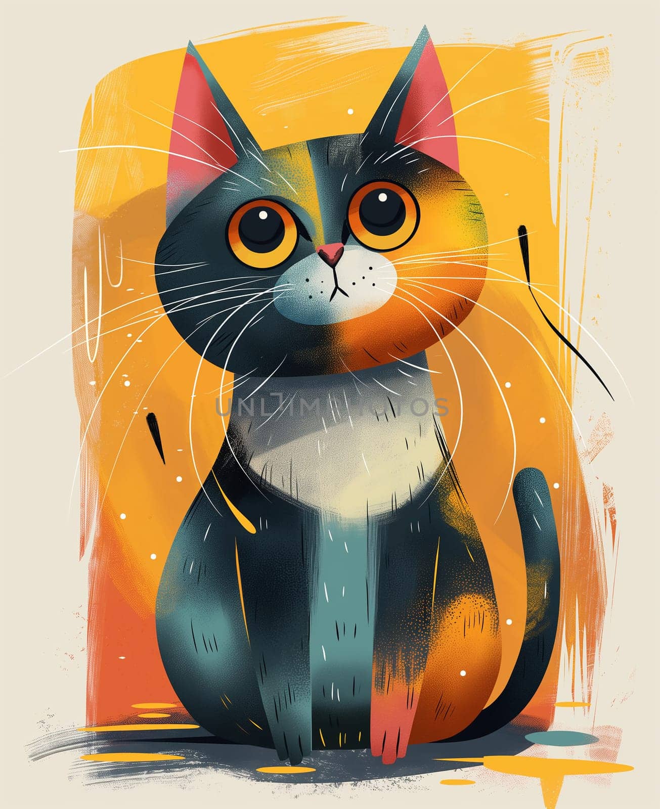 Cute cat illustration with colorful whiskers in digital artwork featuring a cute kitten