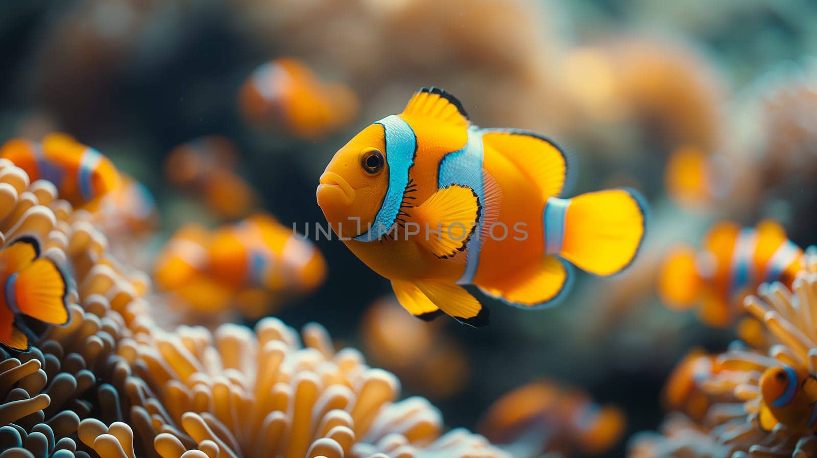 Colorful clownfish swimming in vibrant anemone reef underwater marine habitat