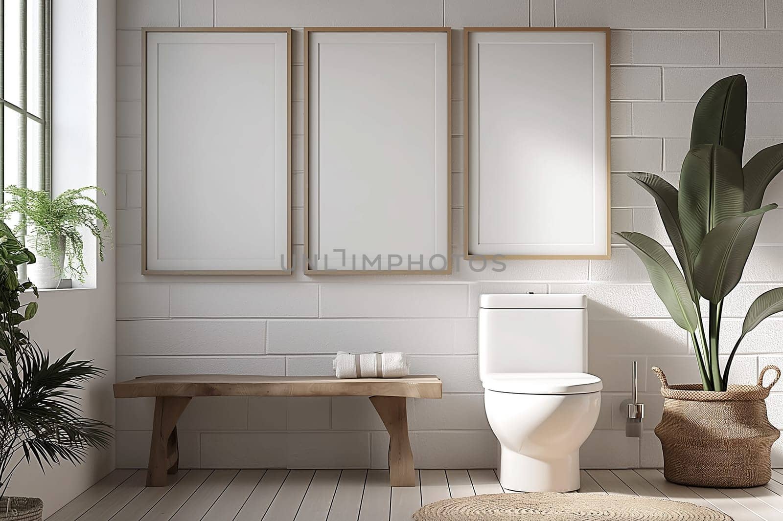 Clean modern bathroom with white toilet, mirror, wood bench, indoor plants, and elegant decor