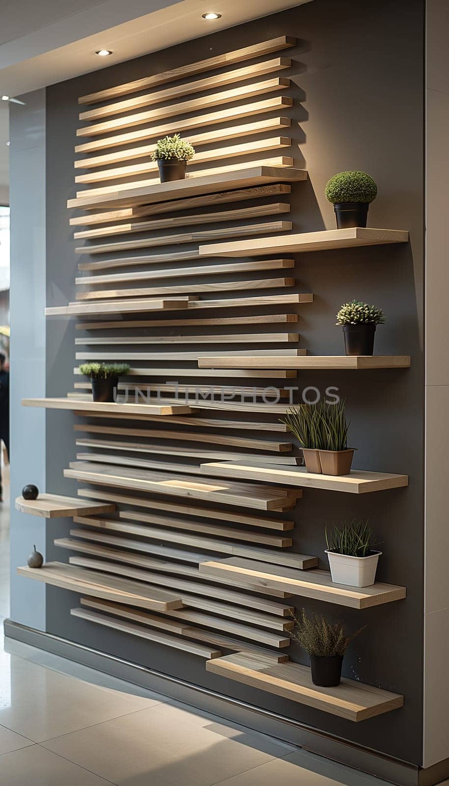 A modern shelf with plants, wall decor and minimalist design for stylish interior arrangement
