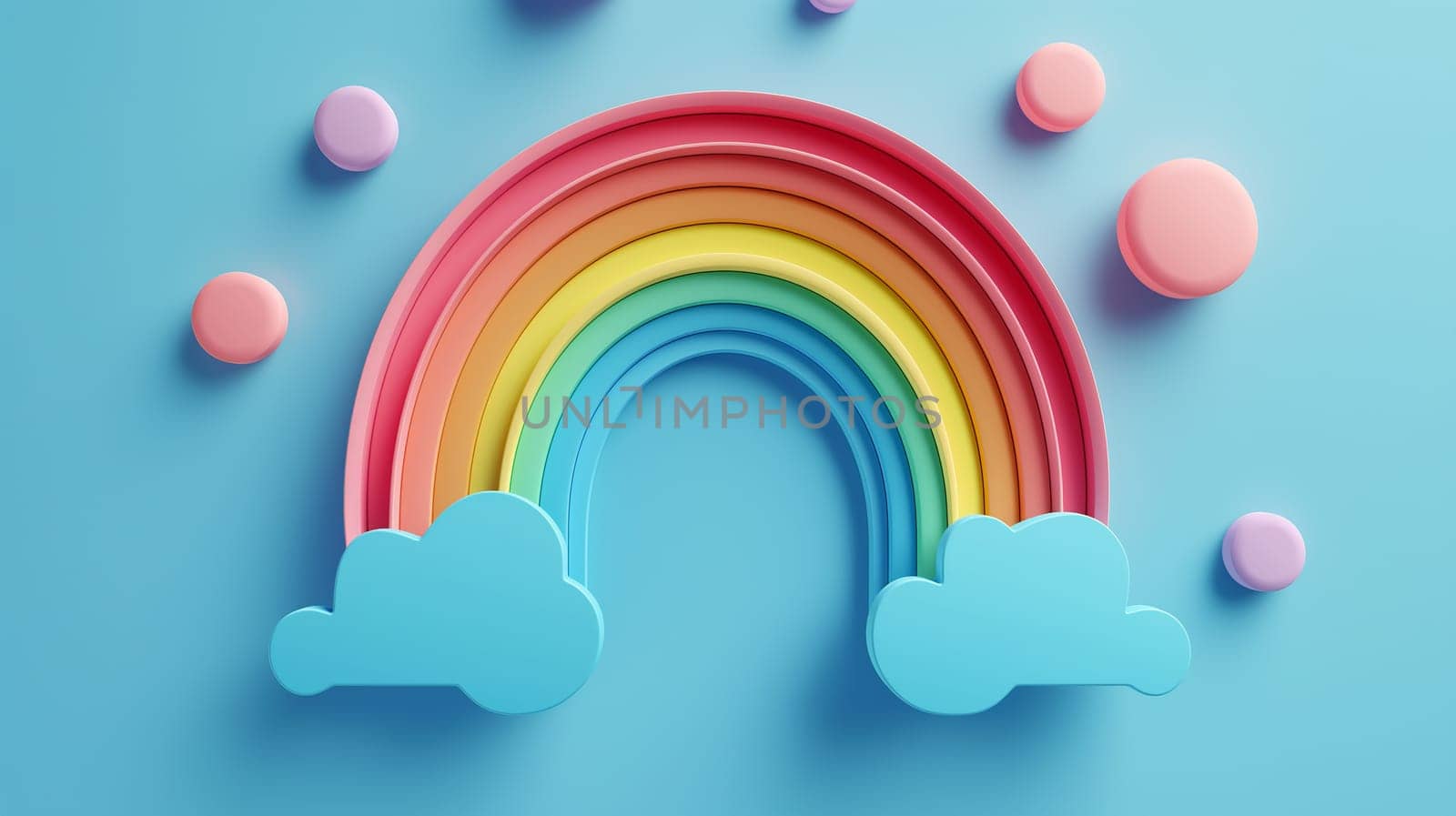 Bright and cheerful pastel rainbow and clouds against a blue sky with creative and vibrant colors