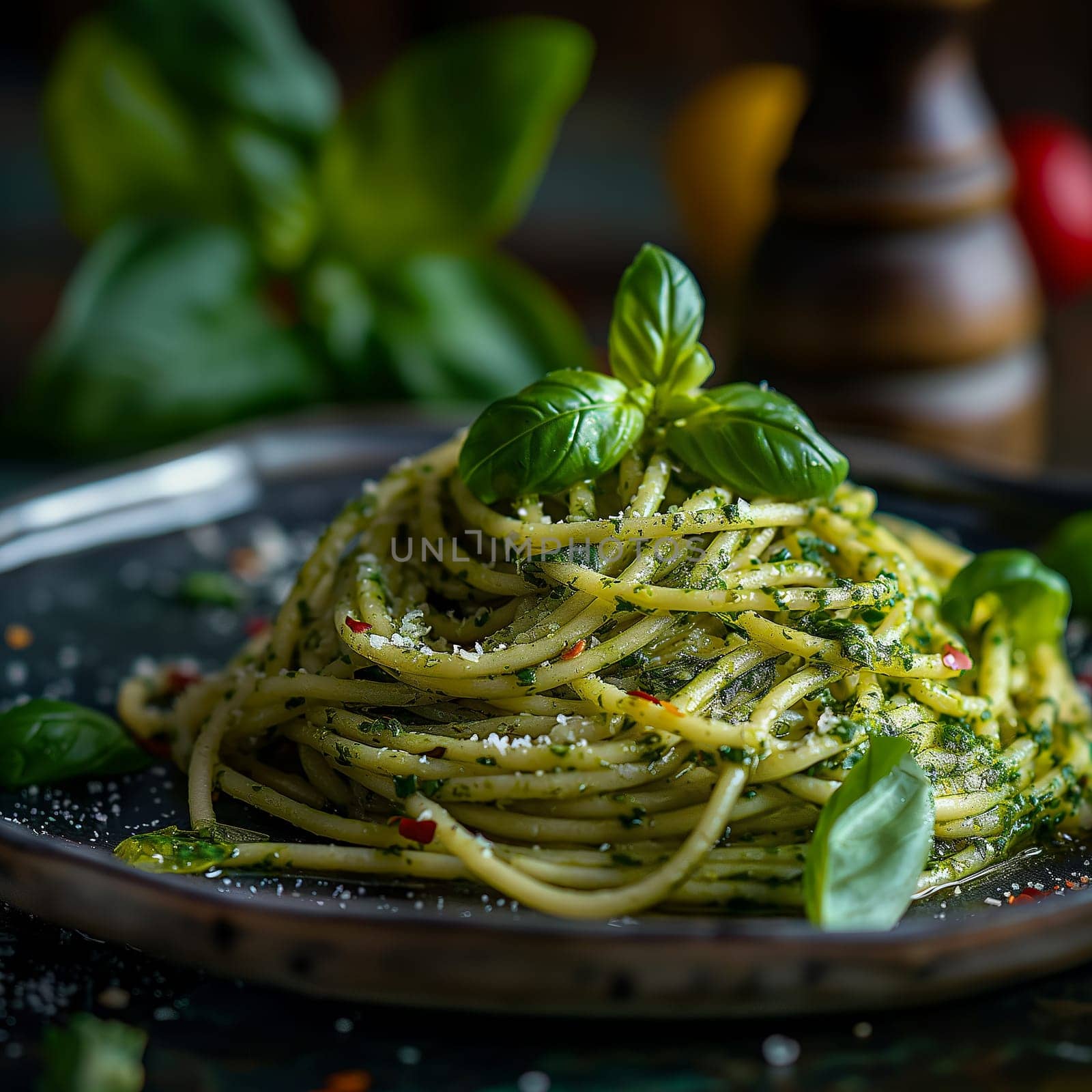 Delicious gourmet spaghetti dish with fresh basil and Italian herbs on a green plate
