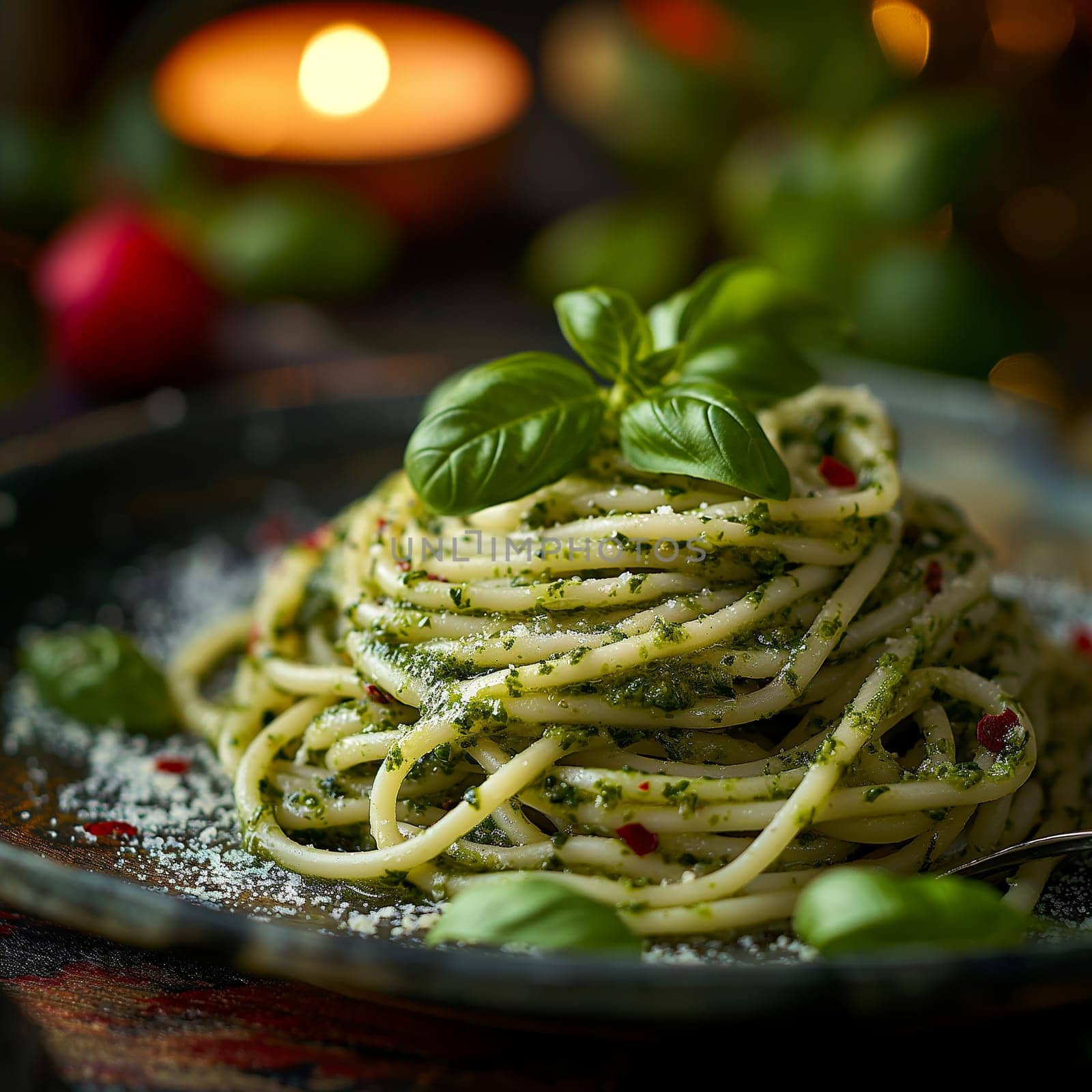 Delicious plate of spaghetti with basil and sauce for a gourmet Italian dinner