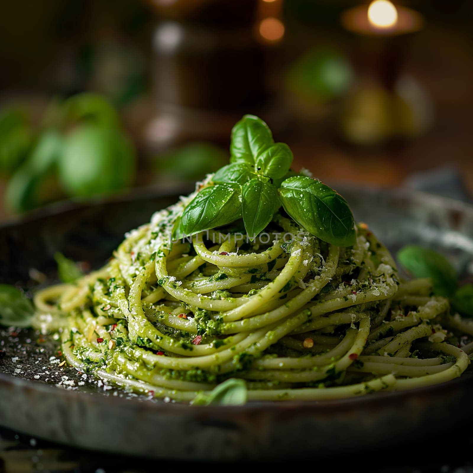 Delicious Italian pasta dish with pesto sauce and fresh basil served on a plate
