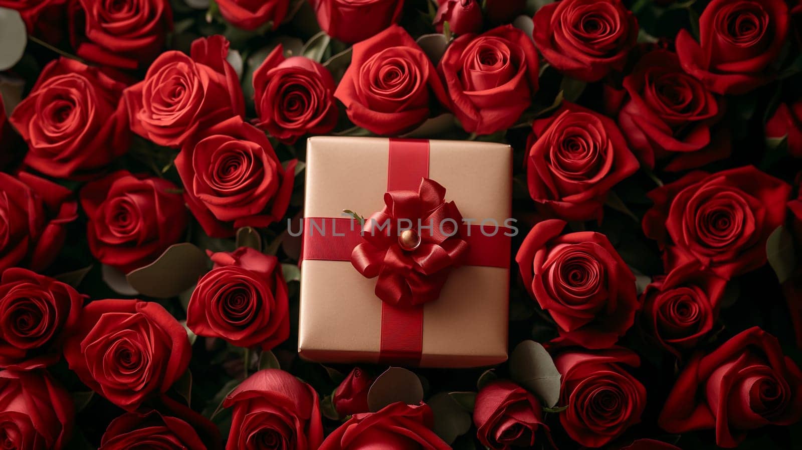 A beautifully wrapped gift box surrounded by red roses ideal for romantic Valentine's celebration