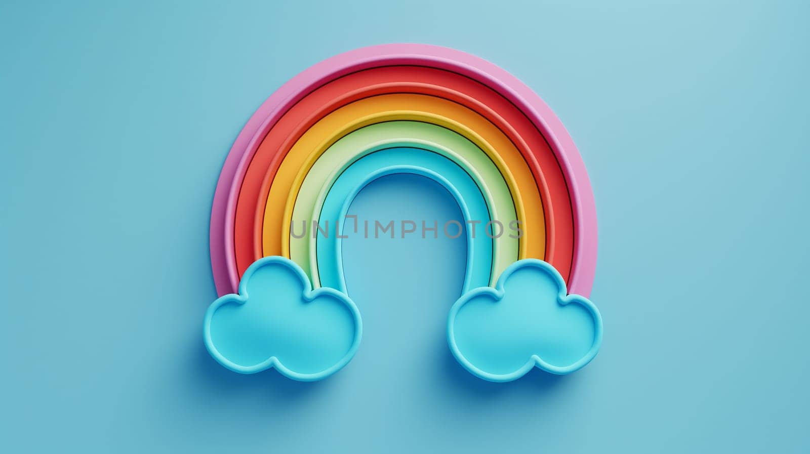 Cartoon rainbow with colorful clouds on a blue sky in a vibrant and bright art illustration