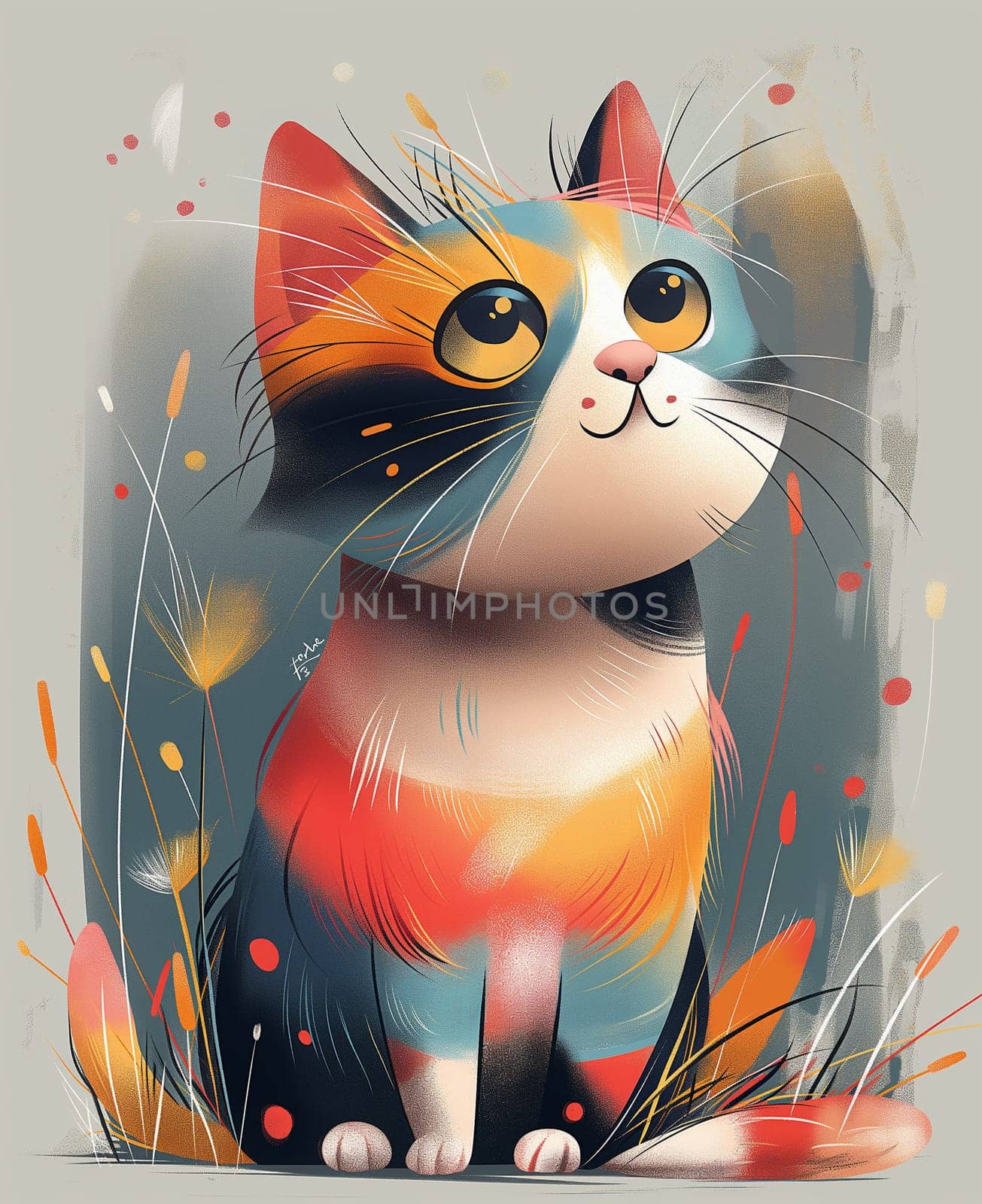 Colorful cartoon cat illustration with whimsical, cute, and vibrant digital art