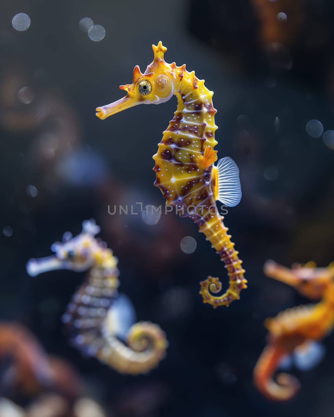 Colorful seahorse swimming in an underwater marine ocean, showcasing vibrant aquatic wildlife.