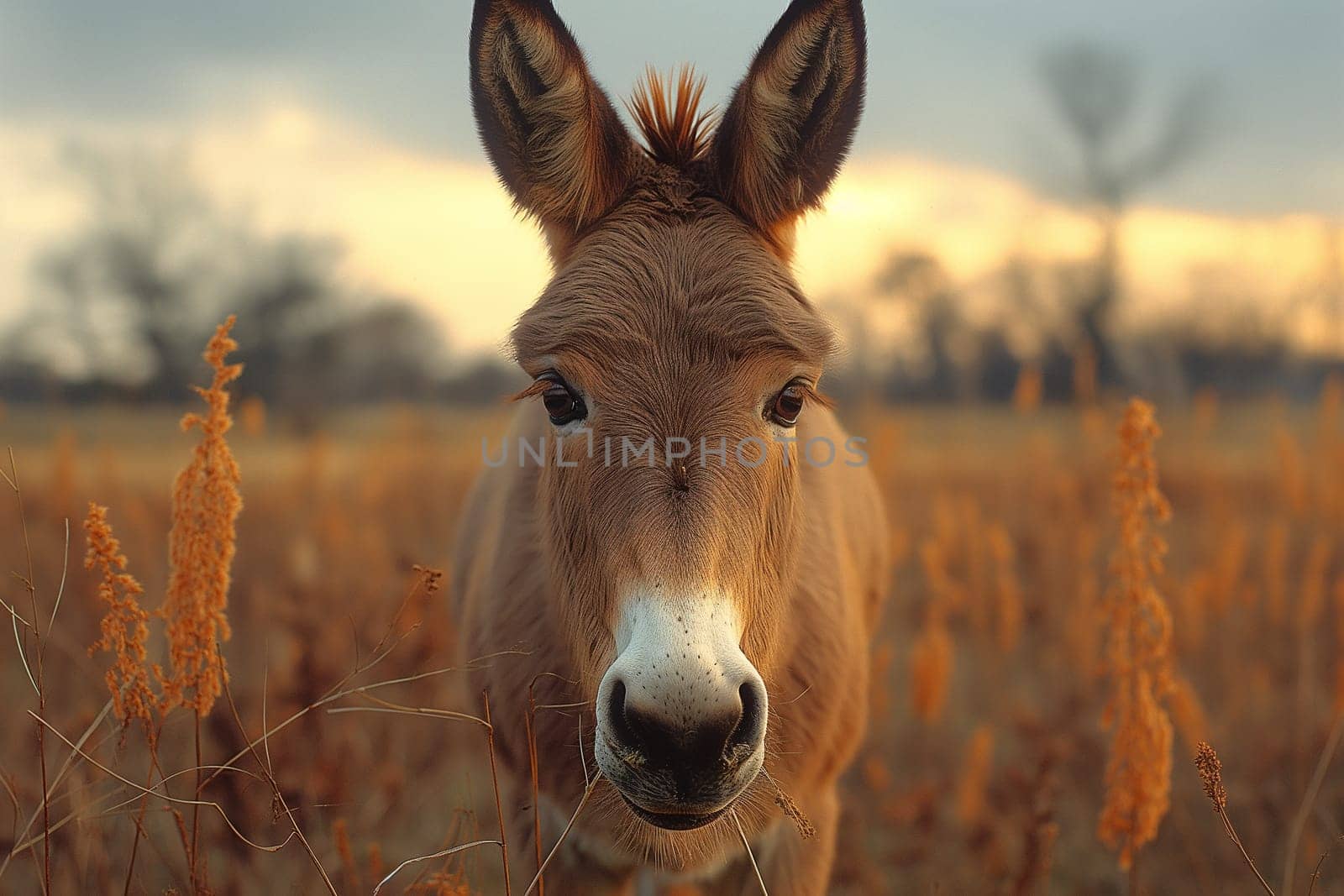 A donkey in a field at sunset showcasing its ears, eyes, and fur in a natural outdoor setting