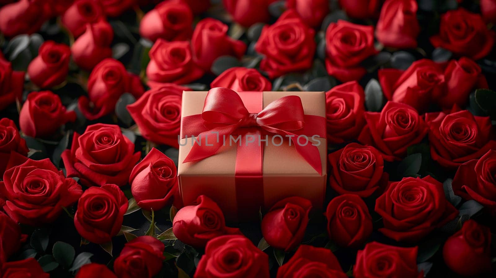 Red roses and gift box with ribbon for a romantic and special celebration