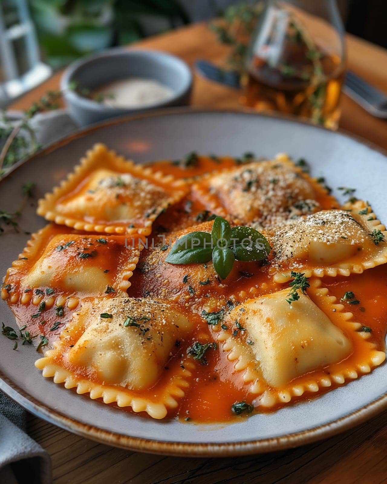 Ravioli pasta with tomato sauce and parmesan cheese for a delicious Italian cuisine dinner