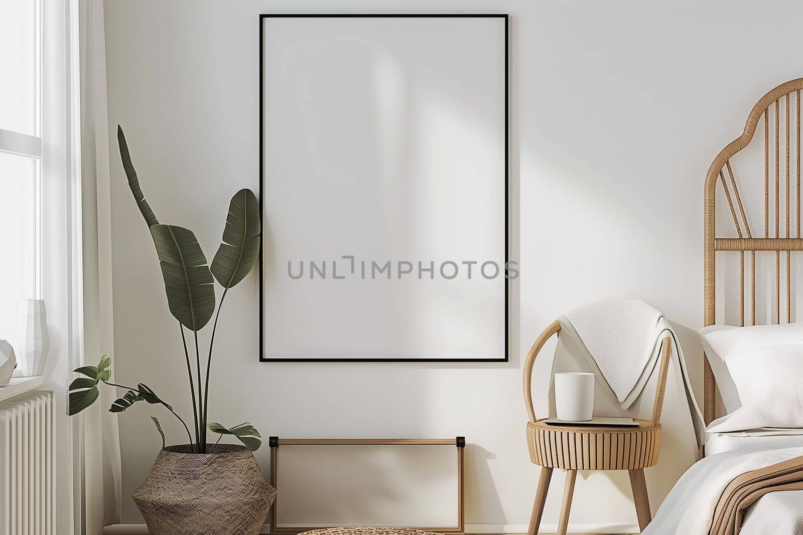 Modern cozy bedroom with minimalist furniture and decor, featuring a stylish frame and natural plant