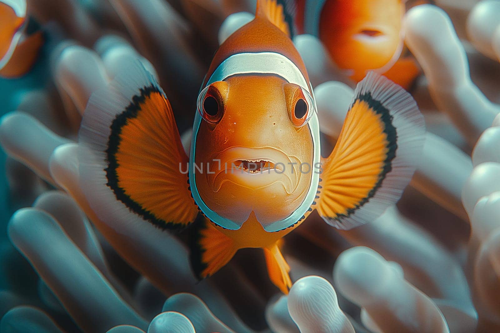 Clownfish swimming among coral anemones in a colorful underwater marine habitat